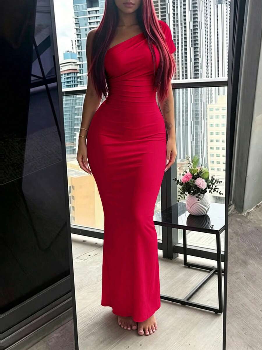 INAWLY Solva Đầm lệch vai ôm sát, xếp ly, thanh lịch dành cho nữ, thích hợp cho các buổi hẹn hò. - Đỏ - Xem 1