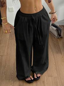 SHEIN PETITE CURVE Plus Size Women Textured Casual Drawstring Waist Pocket Long Pants Fall - Black - View 2