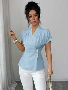 Selianne Women's Elegant Smart Casual Sicilian Style V-Neck Short Sleeve Blouse, Light Blue, Summer, Office, Work, Lightweight, Suitable For Commute, Party - Baby Blue - View 3