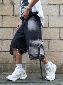 Manfinity EMRG Men's Casual Washed Big Pocket Wide Leg Cargo Denim Shorts - Light Grey - View 3