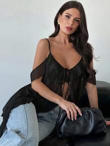 Firerie Áo hai dây maxi cổ chữ V xếp ly xuyên thấu gợi cảm kiểu Bohemian dành cho nữ, thích hợp cho lễ hội âm nhạc, kỳ nghỉ biển. - màu đen - Xem 8