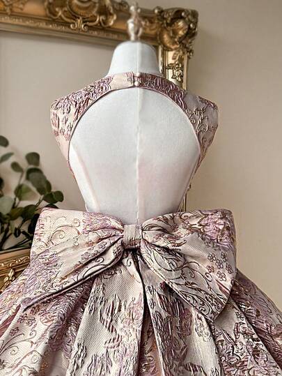 Lovelzi Luxurious, Court-Style Satin Jacquard Fabric, Blush Pink, Elegant Square Neckline, Sexy Open Back, Detachable Bow Embellishment, A-Line Tulle Skirt. Perfect For Dates, Vacations, Bachelorette Parties, Weddings, Beach Vacations, Elegant Spring/Summer Party Dresses, Wedding Guest Gowns, Parties, Graduation/Back-To-School Season Dresses, And Birthday/Prom Dresses.
