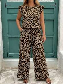 EMERY ROSE Mother's Day Vacation Style Leopard Print Cap Sleeve Round Neck Top+Straight Loose Pants 2 Pieces Set, Casual Minimalist Plus Size Printed Outfit - Multicolor - View 4