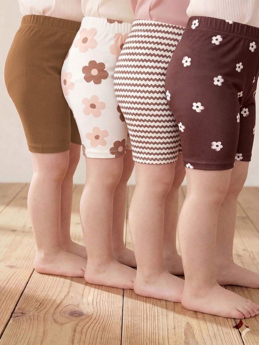 4件套女婴休闲复古碎花、条纹和纯棕色棉质短裤,百搭柔软,适合春夏休闲或户外玩耍 - 彩色 - 查看 1