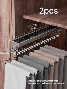 1pc Gunmetal Gray Pull-Out Sliding Clothes Hanger, Convenient And Quick, Multi-Functional Wardrobe Storage, With Painted Metal Hangers, Heavy-Duty Adjustable Clothes Rod, Space-Saving Aluminum Hanger Rod, Suitable For Bedroom Wardrobes, Apartments, And Dormitories. - Grey - View 11