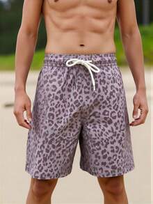 Manfinity Swimmode Pantalones cortos casuales de playa con estampado de leopardo, cintura con cordón y bolsillos para hombre, vacaciones - Rosa vieja - Ver 6