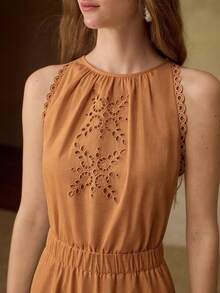 MOTF PREMIUM VESTIDO LARGO SIN MANGAS CON DISEÑO DELICADO DE MODA Y ADORNO DE ENCAJE BORDADO CALADO PARA MUJERES - Caqui - Ver 6