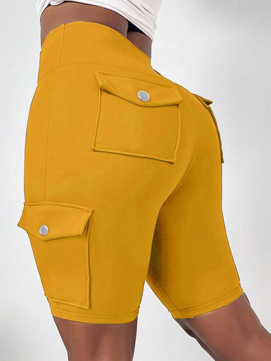 SHEIN LUNE Plus Size High Waist Fold-Over Cargo Running Shorts With Pockets, Tummy Control & Butt Lifting - Yellow - View 1