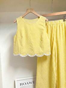 SHEIN PETITE CURVE Bộ đồ 2 món cỡ lớn, kiểu dáng thường ngày, in họa tiết kẻ caro: áo vest và quần. - Màu vàng - Xem 6
