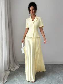 Selianne Women's Pale Yellow Summer Tea Party Dinner Garden Party Golf French Sicily Solid Lapel Collar Short Sleeve Cropped Shirt Pleated Skirt Elegant - Light Yellow - View 5