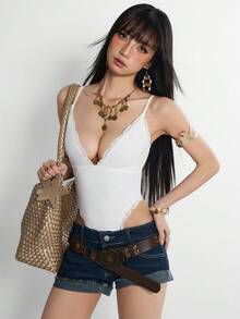 INAWLY Women's Lace Patchwork High Waist Sexy Backless Deep V-Neck Adjustable Strap Camisole Lace Trim Bodysuit - White - View 1