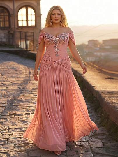 Glamrae Đầm maxi cỡ lớn sang trọng, thanh lịch màu hồng, không dây vai, chất liệu co giãn, xếp ly, thích hợp cho đám cưới, tiệc độc thân, kỳ nghỉ, dạ hội, sự kiện trang trọng (Thiết kế tinh xảo)