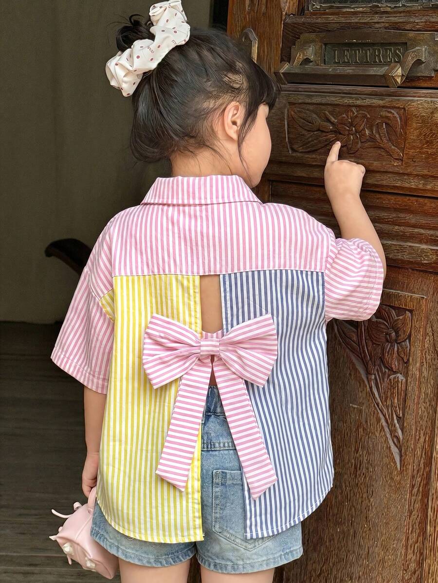 SHEIN 女童淡粉色夏季條紋上衣，蝴蝶結細節、彼得潘領短袖上衣，可愛舒適寬鬆時尚襯衫，適合少女