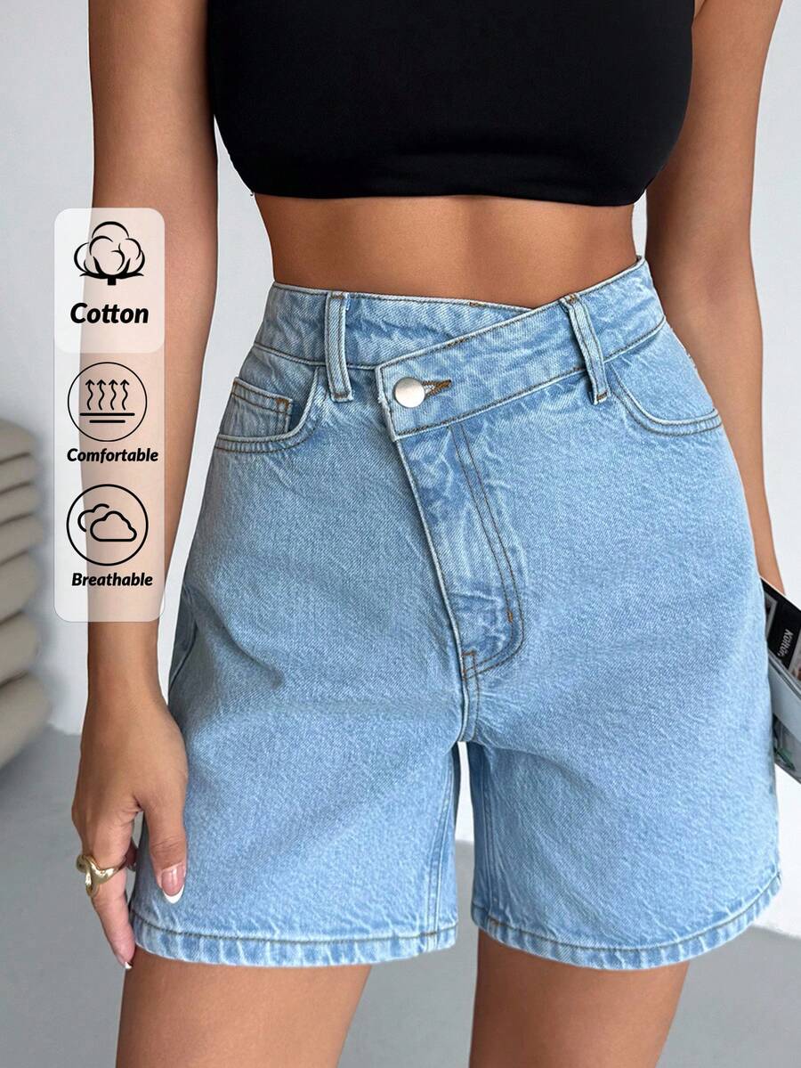 SHEIN Cottnline Petite High Waist Regular Fit Casual Style Medium Wash Button Front Denim Short - Medium Wash - View 1