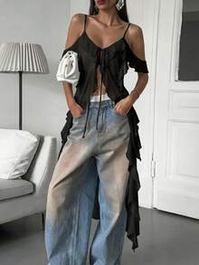 Firerie Áo hai dây maxi cổ chữ V xếp ly xuyên thấu gợi cảm kiểu Bohemian dành cho nữ, thích hợp cho lễ hội âm nhạc, kỳ nghỉ biển. - màu đen - Xem 12