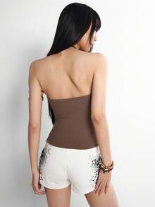 Rina Fox Top corto de canesú con pliegues y lentejuelas con diseño sexy Y2K, chaleco ajustado y ceñido con diseño calado para el verano - Marrón - Ver 3