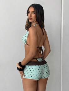 Aloruh 女款春夏新款比基尼套裝，3件式泳裝，波點比基尼，波點泳裝，附短褲比基尼，女款沙灘套裝，女款沙灘褲，薄荷綠與棕色泳裝，復古浪漫花卉印花泳裝，女款度假套裝 - 薄荷綠 - 查看 3