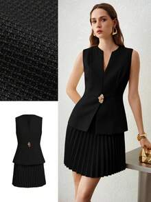 MOTF PREMIUM VESTIDO SIN MANGAS CON CUELLO EN V, BAJO PLISADO Y DECORACIÓN DE BOTONES, ELEGANTE Y DE MODA, ADECUADO PARA EL TRABAJO, PRIMAVERA/VERANO - Negro - Ver 7