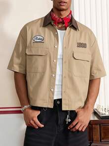 SWAVVY Men's Letter Print Short Sleeve Single-Breasted Cargo Pocket Shirt,Holiday,Summer - Khaki - View 3