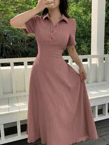 Modelyn Women's Solid Color Knit Mid-Length Dress Polo Lapel Partial Button Placket Crinkle Wrinkle Textured Fabric Vacation Resort Casual Wear Summer Dresses - Dusty Pink - View 3
