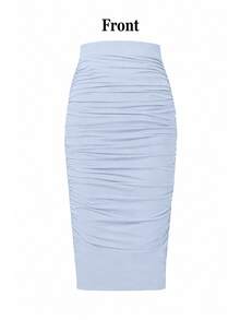EMERY ROSE Falda ajustada plisada de color azul claro sólido para mujer - Celeste - Ver 3