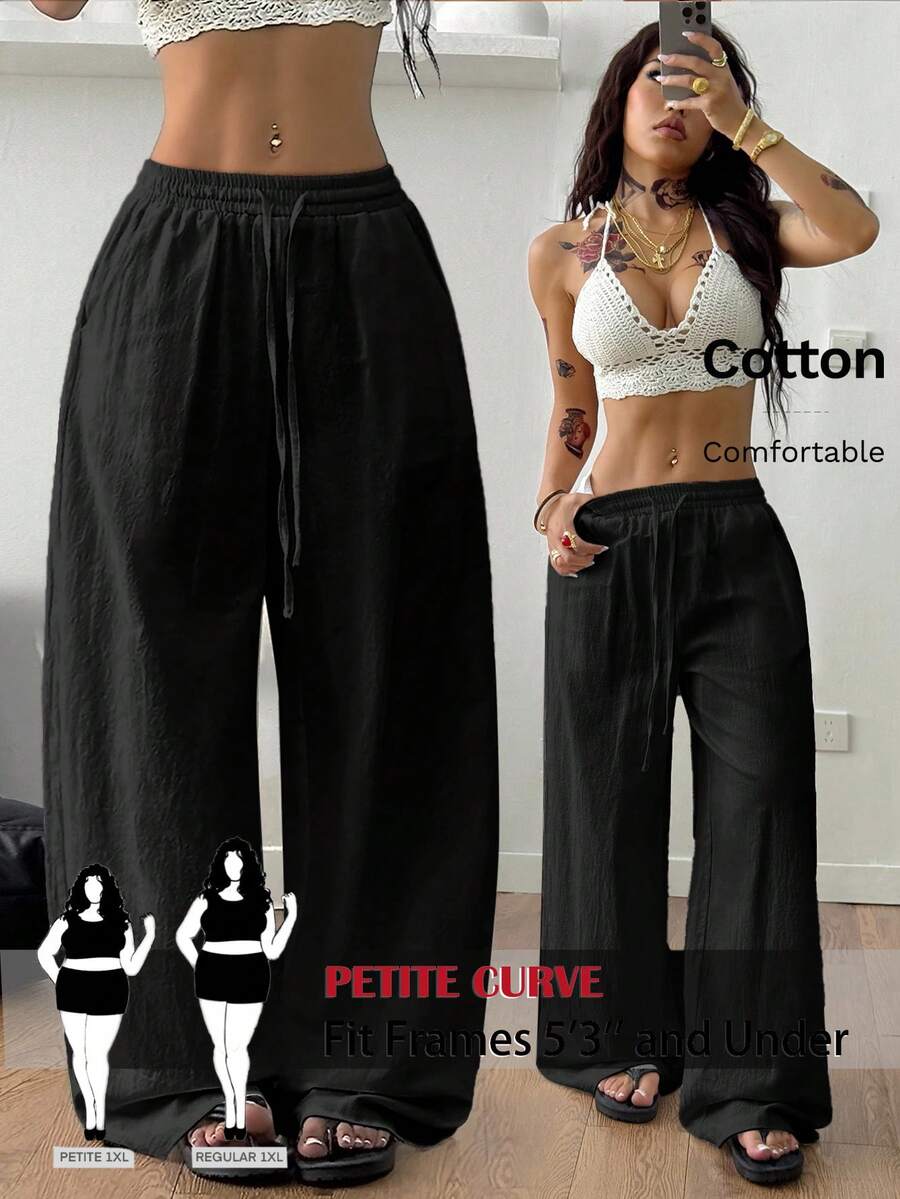 SHEIN PETITE CURVE Plus Size Women Textured Casual Drawstring Waist Pocket Long Pants Fall - Black - View 1