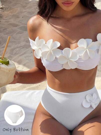 Elavelle Quần bikini nữ màu trơn, cạp cao, họa tiết hoa 3D, thích hợp cho mùa xuân/hè.
