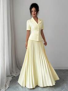 Selianne Women's Pale Yellow Summer Tea Party Dinner Garden Party Golf French Sicily Solid Lapel Collar Short Sleeve Cropped Shirt Pleated Skirt Elegant - Light Yellow - View 1