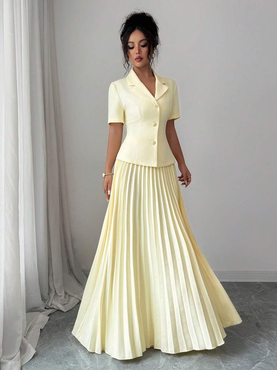 Selianne Women's Pale Yellow Summer Tea Party Dinner Garden Party Golf French Sicily Solid Lapel Collar Short Sleeve Cropped Shirt Pleated Skirt Elegant - Light Yellow - View 1