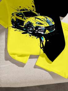 Set de 2 piezas de camiseta con estampado de coche y pantalones cortos para niños pequeños, estampado digital en negro y amarillo, conjunto de ropa casual y de moda para niños, adecuado para usar en verano, primavera y todas las estaciones, estilo callejero limón amarillo - Multicolor - Ver 4