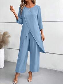 EMERY ROSE Bộ 2 món: Áo tay lửng và quần cạp chun. - Xanh và trắng - Xem 3