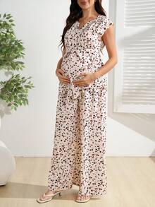 SHEIN Bộ đồ bầu mùa hè, áo không tay thắt eo in hoa và quần ống rộng cạp cao, bộ 2 món rộng rãi và thoải mái cho bà bầu. - Nhiều màu - Xem 4
