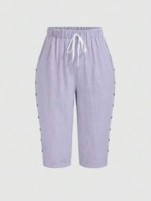 SHEIN LUNE CURVE Plus Size Women's Spring/Summer Linen Striped Casual Comfortable Basic Striped Pants, Daily/Vacation/Beach Pants With Button Decor Capri Pants - Mauve Purple - View 3
