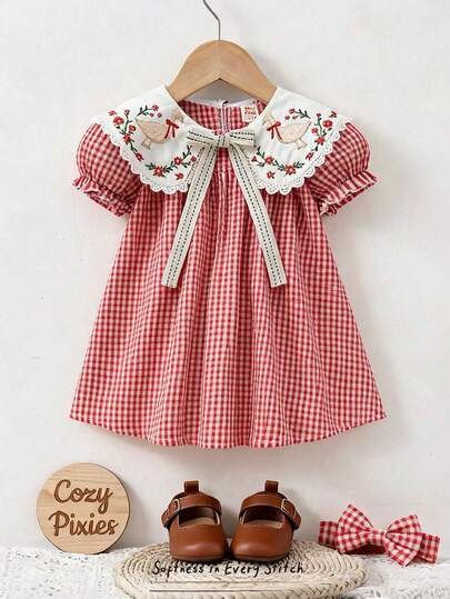 Cozy Pixies Vestido casual y lindo para bebé/niña pequeña con cuello con volantes, mangas de pétalos y estampado a cuadros