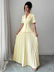 Selianne Women's Pale Yellow Summer Tea Party Dinner Garden Party Golf French Sicily Solid Lapel Collar Short Sleeve Cropped Shirt Pleated Skirt Elegant - Light Yellow - View 3