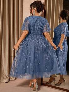 Cravure Plus Size Elegant Party Red V-Neck Mesh Sequin Ruffle Hem Dress - Baby Blue - View 3