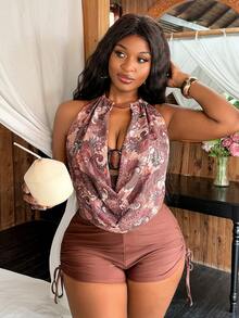 Slaydiva Plus Size Women Summer Beach Gym Cashew Print Halter Tankini And Shorts Swimwear Set - Coffee Brown - View 1