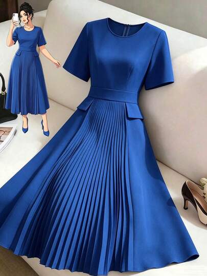 GlowEve CURVE Vestido midi elegante y casual de talla grande para mujer, de verano, de unicolor, minimalista, con cuello redondo, manga corta, silueta evasé, plisado, parches decorativos, bolsillos y cintura ceñida