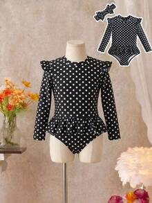Baby Girls'Polka Dot Rash Guard Swimsuit,One-Piece Long Sleeve Ruffle Skirt Swimwear With Headband,Classic Dot Pattern Holiday Beach Summer - Black - View 7