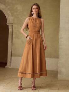 MOTF PREMIUM VESTIDO LARGO SIN MANGAS CON DISEÑO DELICADO DE MODA Y ADORNO DE ENCAJE BORDADO CALADO PARA MUJERES - Caqui - Ver 5