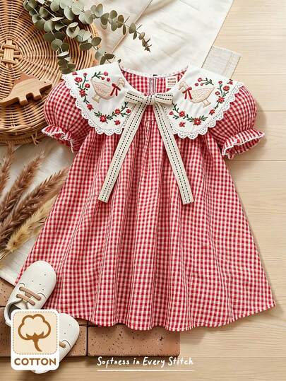 Cozy Pixies Đầm bé gái sơ sinh/trẻ nhỏ cổ bèo nhún phối màu kẻ caro tay cánh hoa kiểu dáng thường ngày dễ thương