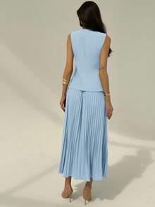 Aloruh Women's Elegant Commuter Solid Color Vest & Pleated Skirt Suit In Fall/Winter - Baby Blue - View 2