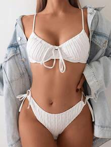 Swim Basics 女式訂做顏色前扣性感比基尼套裝，帶托裡，無Push Up，適用於度假 - 白色 - 查看 3