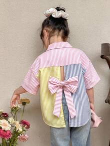 SHEIN 女童淡粉色夏季條紋上衣,蝴蝶結細節、彼得潘領短袖上衣,可愛舒適寬鬆時尚襯衫,適合少女 - 彩色 - 查看 3