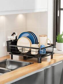 1pc Dish Drying Rack With Cutlery Holder, Space-Saving Kitchen Countertop Dish Drainer Rack, High-Quality Kitchen Storage Organizer - Black - View 9