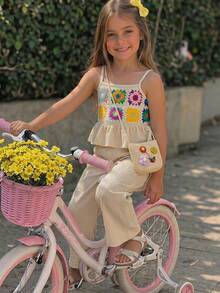 Emery Rose Kids Emery Rose Kids Bộ trang phục thường ngày cho bé gái: Áo hai dây xếp bèo in hoa và quần dài. - Màu be - Xem 2
