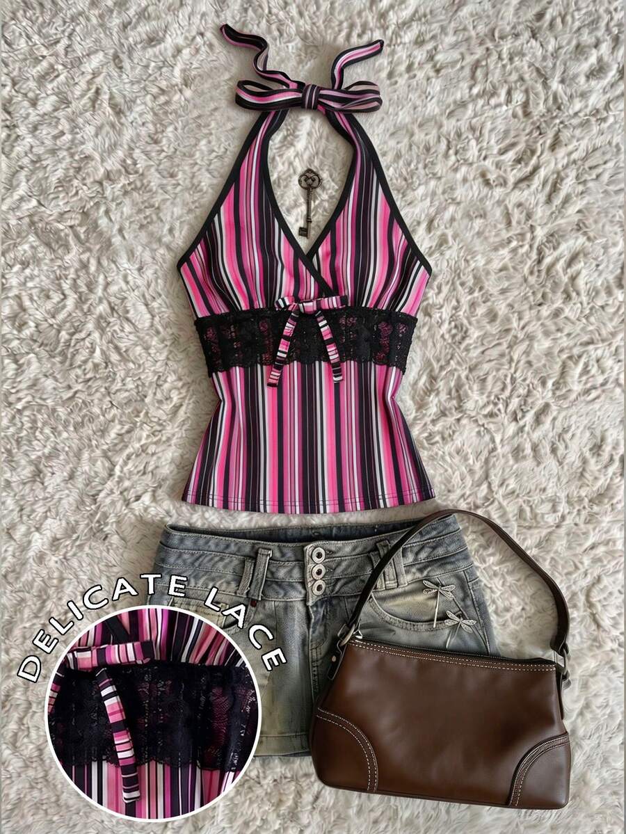 IslaSuriya Women's Striped Contrast Color Lace Patchwork Halter Neck Camisole - Multicolor - View 1