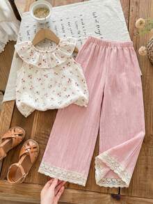 SHEIN Young Girl Chiffon Ditsy Floral Ruffle Trim Top And Loose Pants 2 Piece Set - Multicolor - View 1