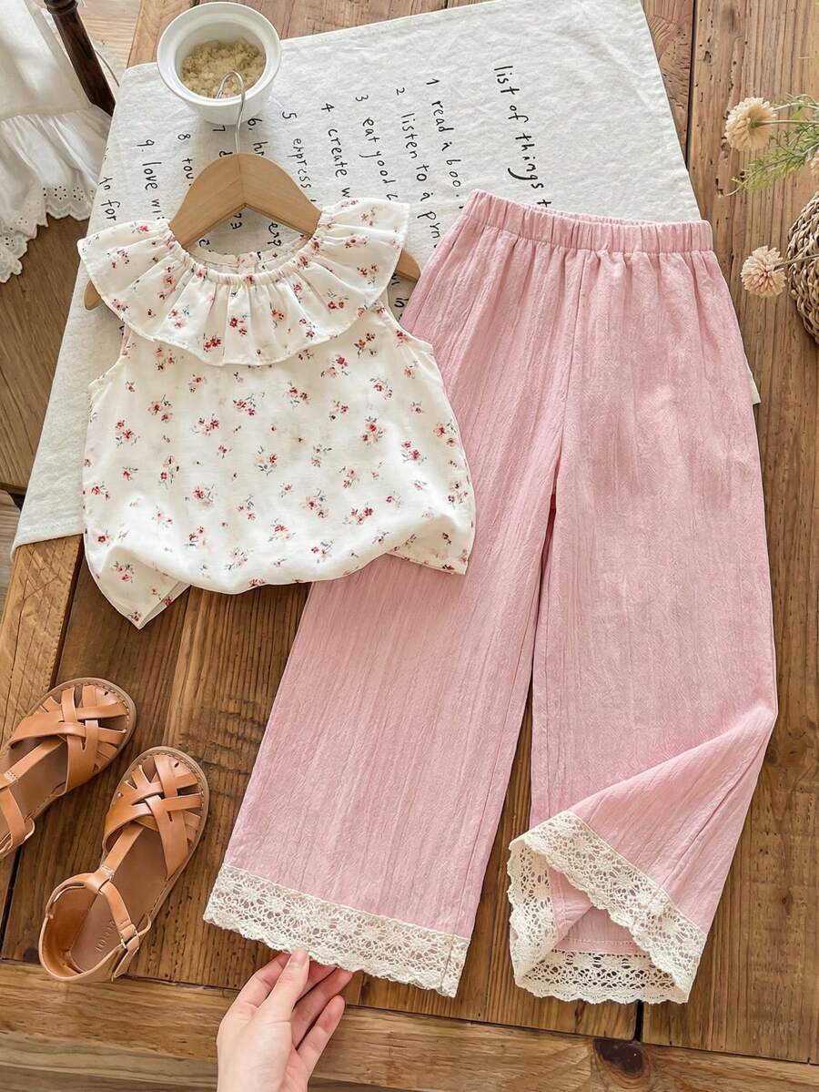 SHEIN Young Girl Chiffon Ditsy Floral Ruffle Trim Top And Loose Pants 2 Piece Set - Multicolor - View 1