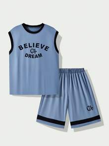 SHEIN Casuvi Kids 男童休闲运动日常穿着套装，包括圆领宽松字母印花短袖T恤和松紧腰宽松字母印花短裤，夏季男童篮球服 - 霧霾藍 - 查看 5